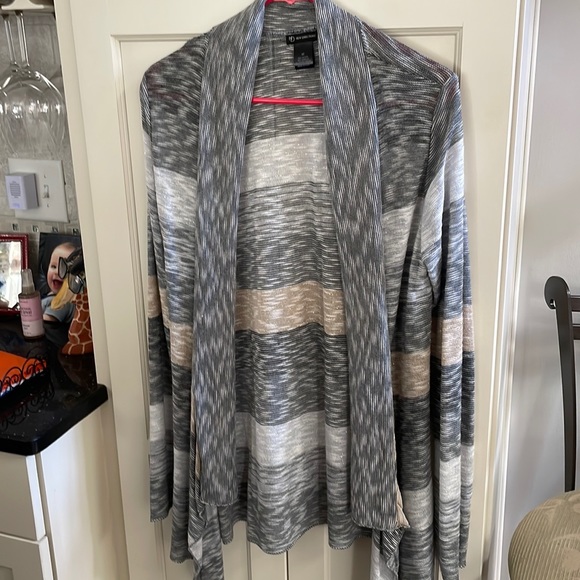 new directions Sweaters - Striped gray, gold, silver black metallic thread shrug.